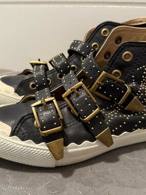 Chloé Black Leather High-Top Sneakers with Gold Buckles